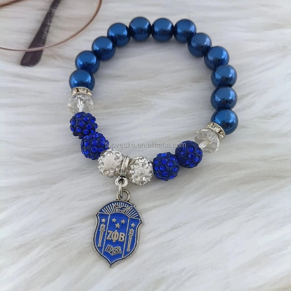 ZPB Greek Sorority Society Zeta Phi Beta Symbol White Blue Enamel Shield Charm Beads Bracelet Lady Jewelry