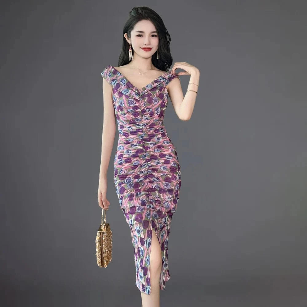 ZYHT 10357 2024 New Fashion Deep V Neck Sleeveless Ruffle Dress Women Summer Holiday Sexy Floral Print Split Dress