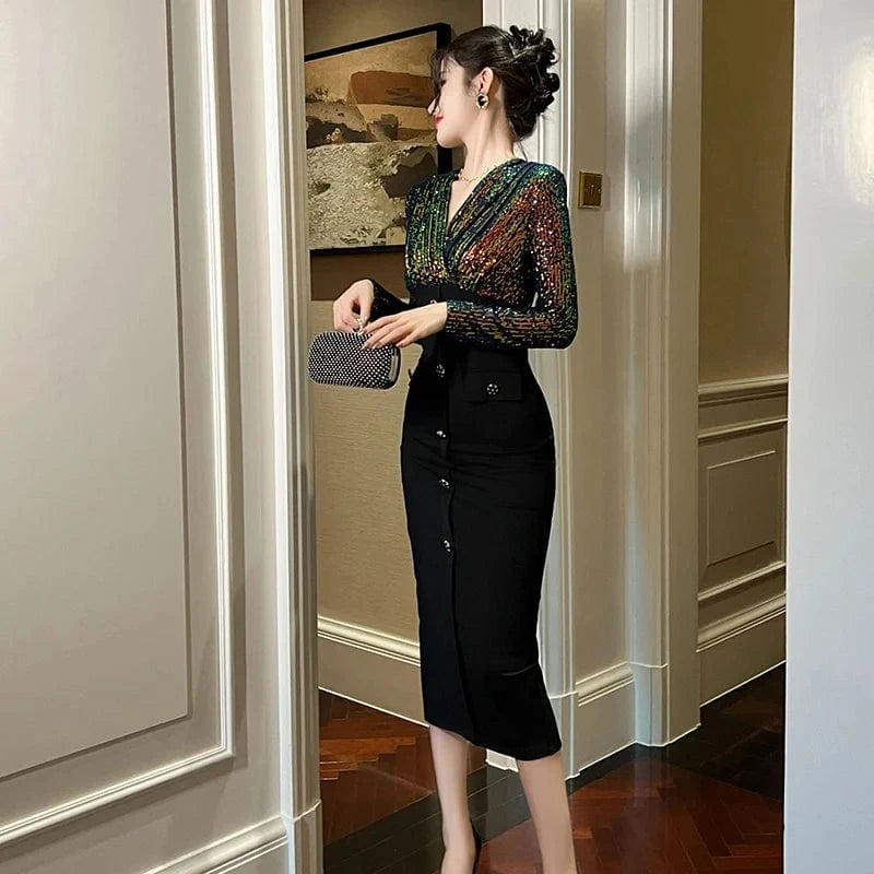 ZYHT 11120 2024 Spring New V Neck Evening Midi Long Sleeve Dress Luxury Sequin Dresses Women Party