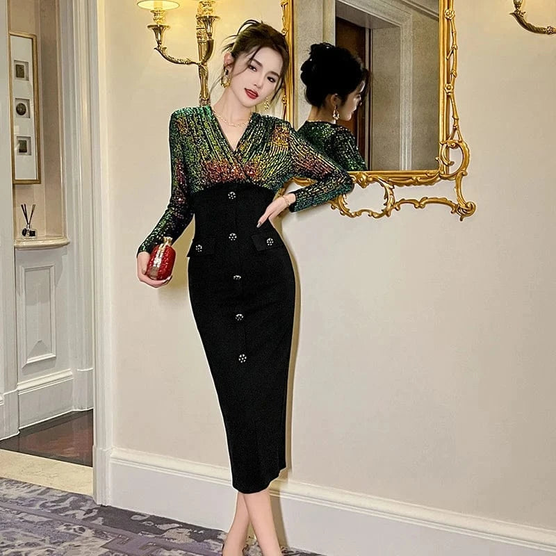 ZYHT 11120 2024 Spring New V Neck Evening Midi Long Sleeve Dress Luxury Sequin Dresses Women Party