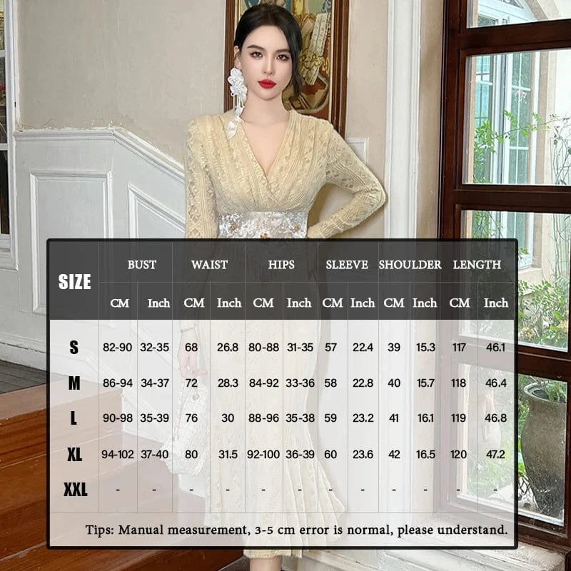 ZYHT 11234 Spring Natural Waistline Breathable Waist Beading Fringe Dress Lace Embroidered Floral Fishtail Dress