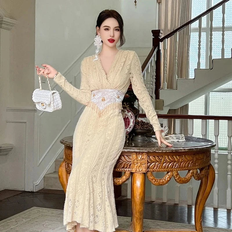 ZYHT 11234 Spring Natural Waistline Breathable Waist Beading Fringe Dress Lace Embroidered Floral Fishtail Dress