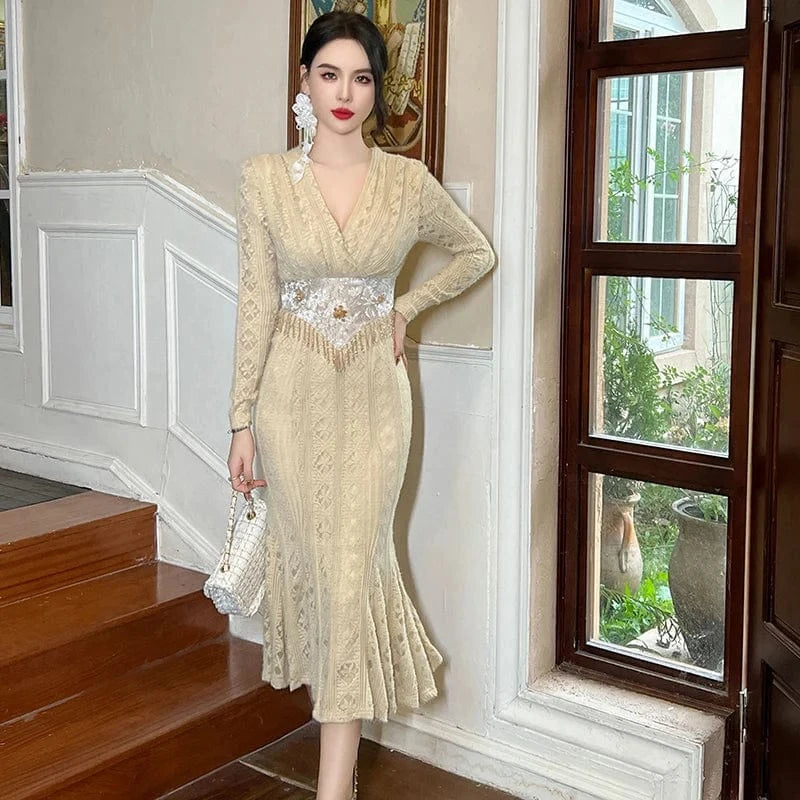 ZYHT 11234 Spring Natural Waistline Breathable Waist Beading Fringe Dress Lace Embroidered Floral Fishtail Dress