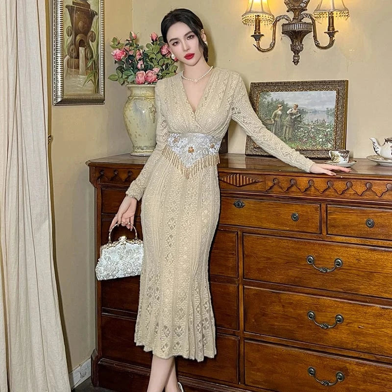 ZYHT 11234 Spring Natural Waistline Breathable Waist Beading Fringe Dress Lace Embroidered Floral Fishtail Dress