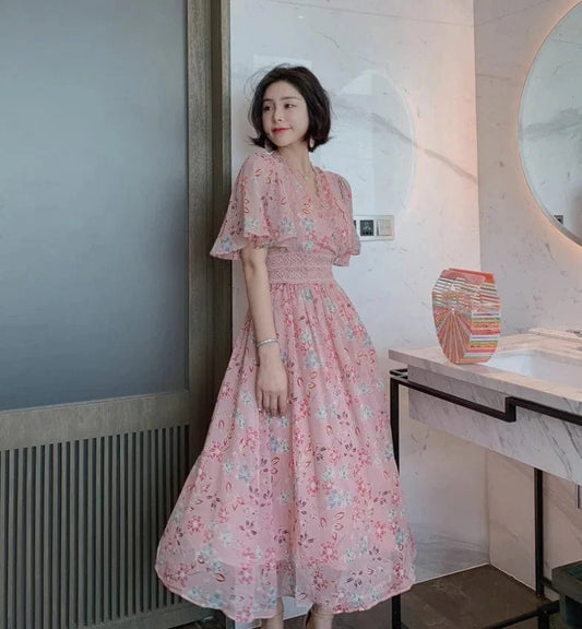 ZYHT 1840 2024 Women Elegant Fashion Long Chiffon Dress Summer Boho Beach Ruffle Sleeve Maxi Floral Korean dress