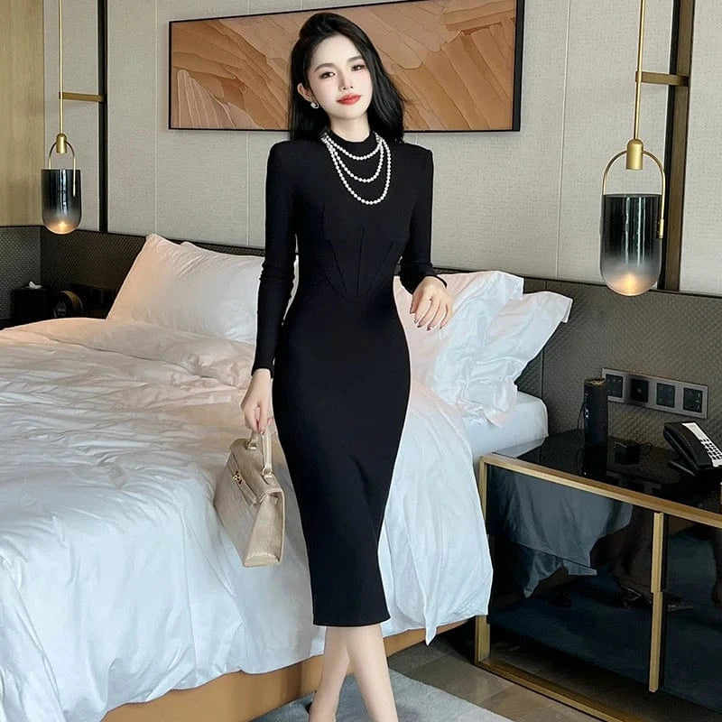 ZYHT 2024 Spring 20237 Autumn Winter Women Clothing Black Elastic Bodycon Casual Dresses Stand Collar Back High Slit Dress
