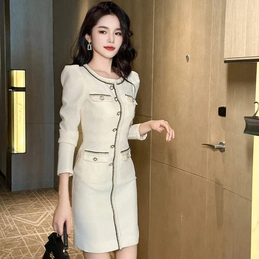 ZYHT 2024 Spring 20719 Winter Single Breasted Tweed Bodycon Mini Dresses Women Long Sleeve Corset Wrap Elegant Dress