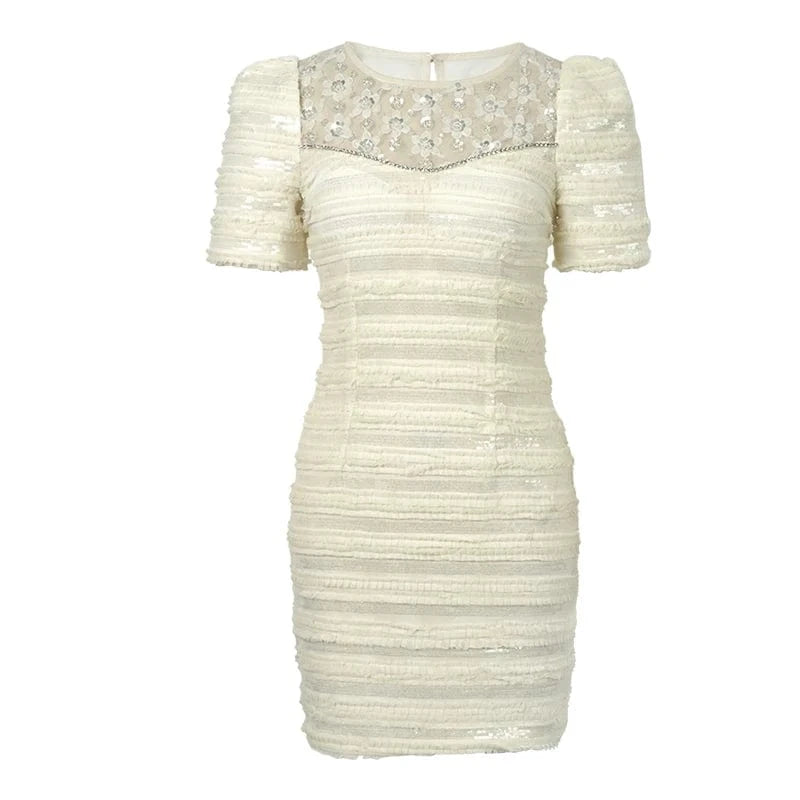 ZYHT 2024 Summer Mini Bodycon Dress 40147 Trending Short Sleeve Casual Ruffle Striped Dress Diamond Beaded Sequined Floral