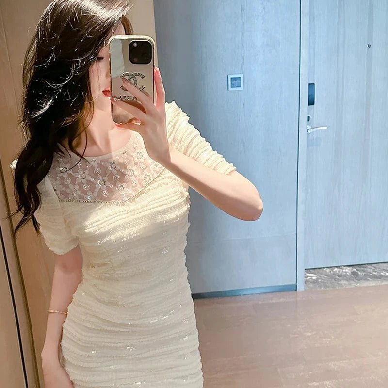 ZYHT 2024 Summer Mini Bodycon Dress 40147 Trending Short Sleeve Casual Ruffle Striped Dress Diamond Beaded Sequined Floral