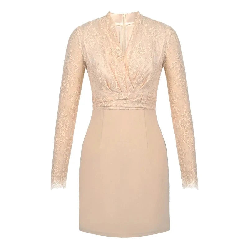 ZYHT 20831 2024 Spring Female Clothing Lace Stitching High Waist Dress Full Sleeve Temperament Mini Dresses