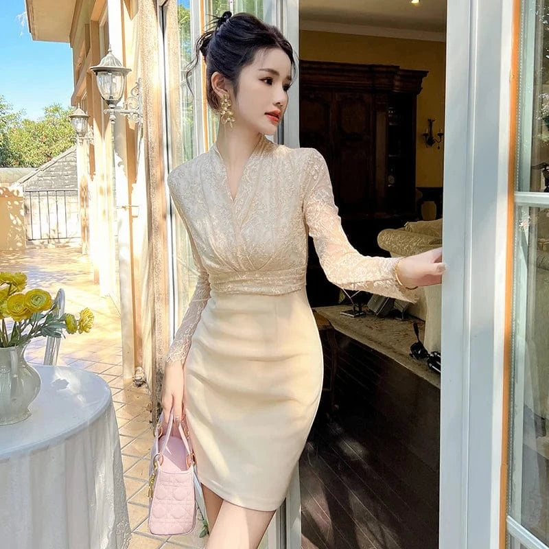 ZYHT 20831 2024 Spring Female Clothing Lace Stitching High Waist Dress Full Sleeve Temperament Mini Dresses
