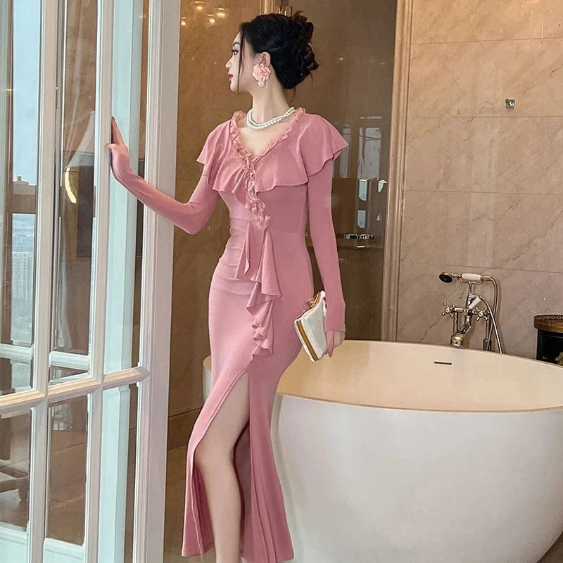 ZYHT 20921 2024 Spring Natural Waistline Pink Ruffle Maxi Dress Flounce V Neck Cotton Knitted Fishtail Dresses