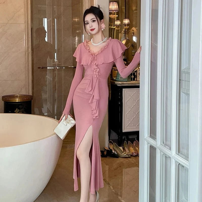 ZYHT 20921 2024 Spring Natural Waistline Pink Ruffle Maxi Dress Flounce V Neck Cotton Knitted Fishtail Dresses
