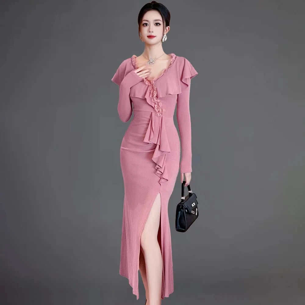 ZYHT 20921 2024 Spring Natural Waistline Pink Ruffle Maxi Dress Flounce V Neck Cotton Knitted Fishtail Dresses