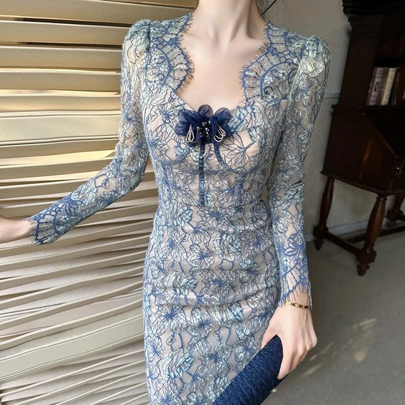 ZYHT 20956 2024 Spring 3D Appliqued Embellished Lace Embroidery Dresses Vintage Wave Hem Design Party Midi Dress