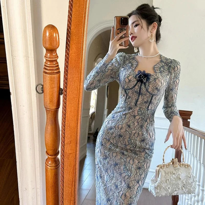 ZYHT 20956 2024 Spring 3D Appliqued Embellished Lace Embroidery Dresses Vintage Wave Hem Design Party Midi Dress