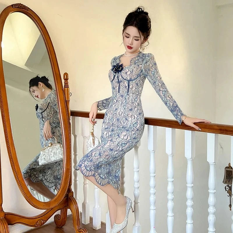 ZYHT 20956 2024 Spring 3D Appliqued Embellished Lace Embroidery Dresses Vintage Wave Hem Design Party Midi Dress