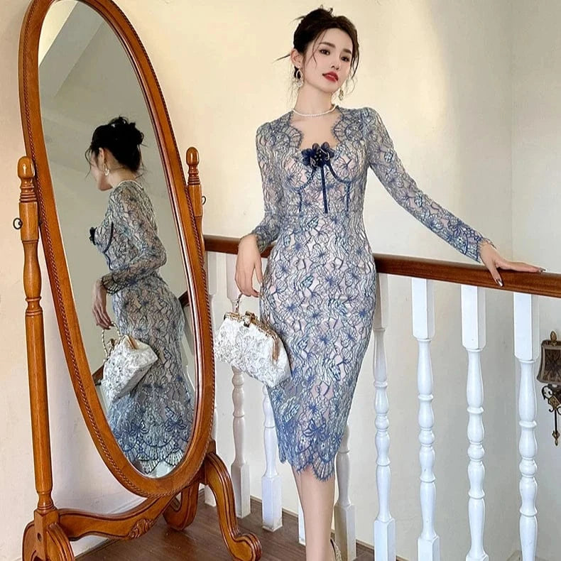 ZYHT 20956 2024 Spring 3D Appliqued Embellished Lace Embroidery Dresses Vintage Wave Hem Design Party Midi Dress