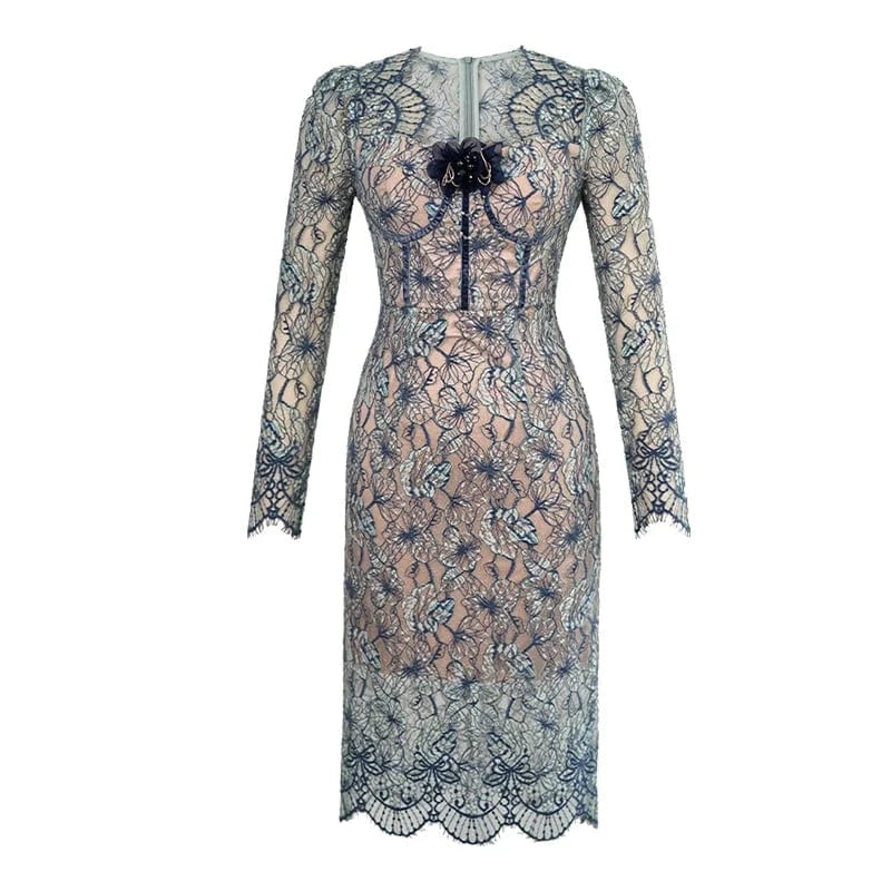 ZYHT 20956 2024 Spring 3D Appliqued Embellished Lace Embroidery Dresses Vintage Wave Hem Design Party Midi Dress