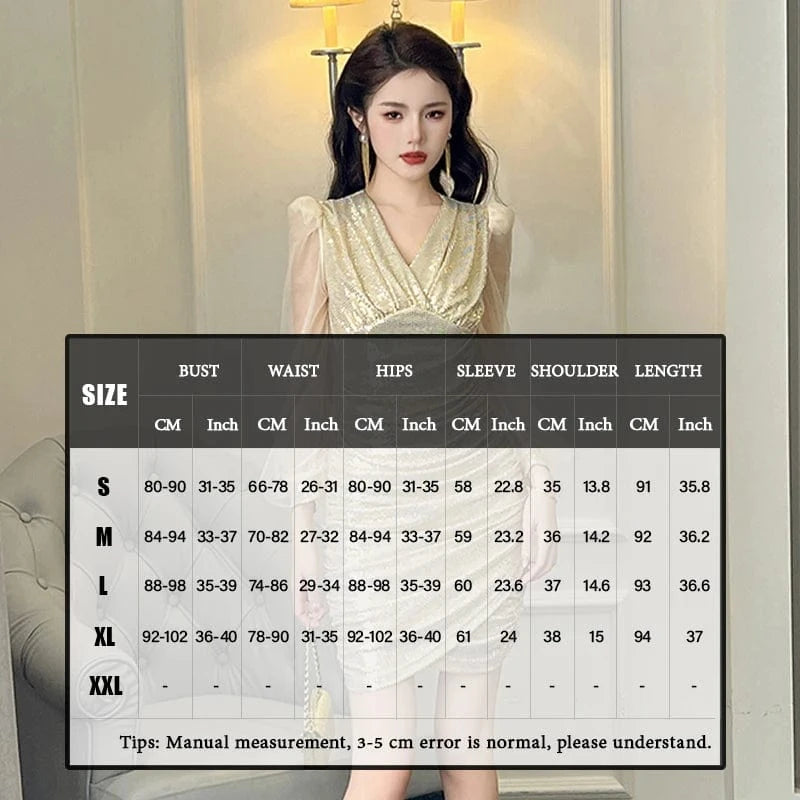 ZYHT 30687 2024 Spring New Style V-neck Sequined Classy Sexy Evening Mini Dress Lantern Sleeve Ruched Club Party Short Dress