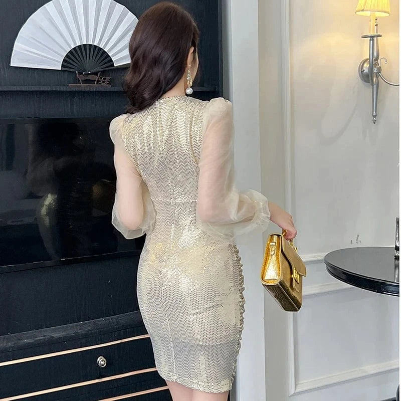 ZYHT 30687 2024 Spring New Style V-neck Sequined Classy Sexy Evening Mini Dress Lantern Sleeve Ruched Club Party Short Dress