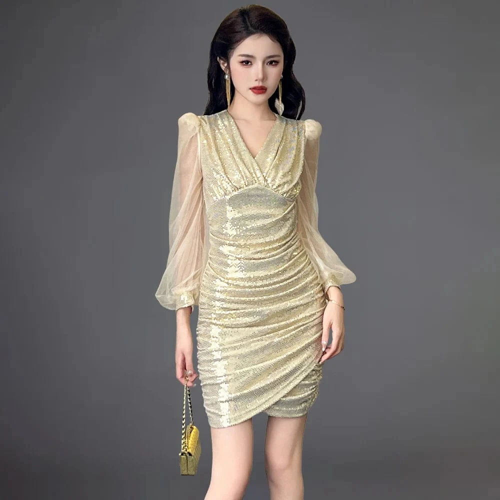ZYHT 30687 2024 Spring New Style V-neck Sequined Classy Sexy Evening Mini Dress Lantern Sleeve Ruched Club Party Short Dress