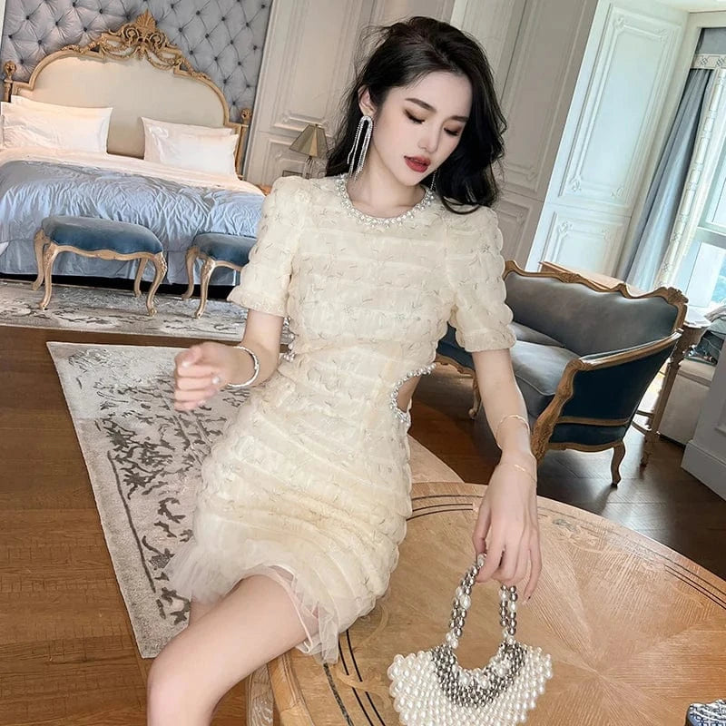 ZYHT 40141 Sweet Mesh Design Diamond Beading Round Neck Mini Dress Side Waist Hollow Out Sexy Multi Layer Short Sleeve Dress