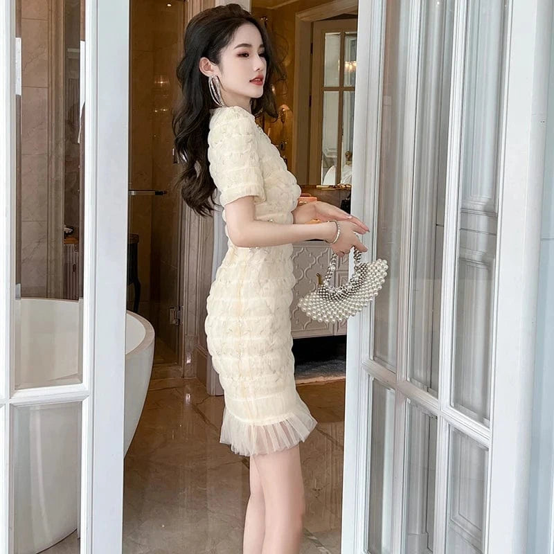 ZYHT 40141 Sweet Mesh Design Diamond Beading Round Neck Mini Dress Side Waist Hollow Out Sexy Multi Layer Short Sleeve Dress