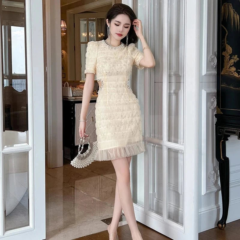 ZYHT 40141 Sweet Mesh Design Diamond Beading Round Neck Mini Dress Side Waist Hollow Out Sexy Multi Layer Short Sleeve Dress
