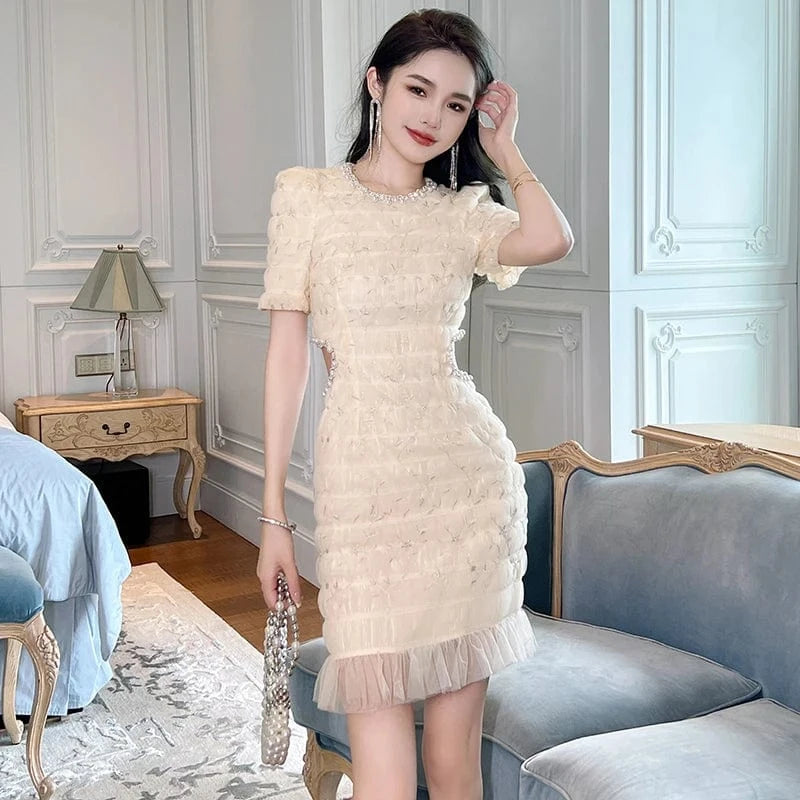 ZYHT 40141 Sweet Mesh Design Diamond Beading Round Neck Mini Dress Side Waist Hollow Out Sexy Multi Layer Short Sleeve Dress