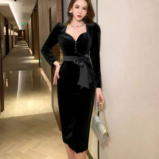 ZYHT 4421 2024 Spring Autumn New Women's Velvet Retro Long Sleeve Elegant Black Midi Bodycon Dress