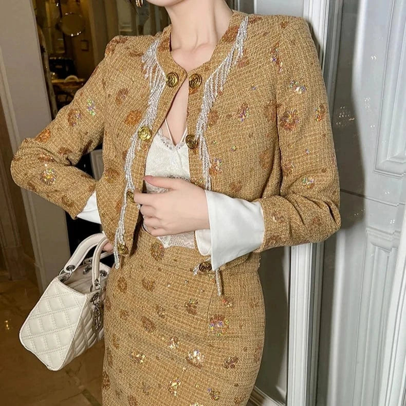 ZYHT 50490 Small Fragrance Style Long Sleeve Woolen Fabric Blazer Beading Tassel Metal Buttons Ladies Coat