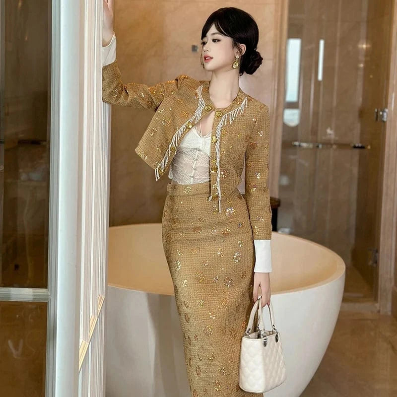 ZYHT 50490 Small Fragrance Style Long Sleeve Woolen Fabric Blazer Beading Tassel Metal Buttons Ladies Coat