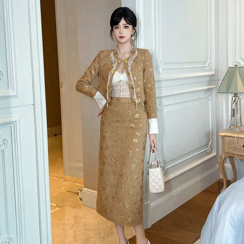 ZYHT 50490 Small Fragrance Style Long Sleeve Woolen Fabric Blazer Beading Tassel Metal Buttons Ladies Coat