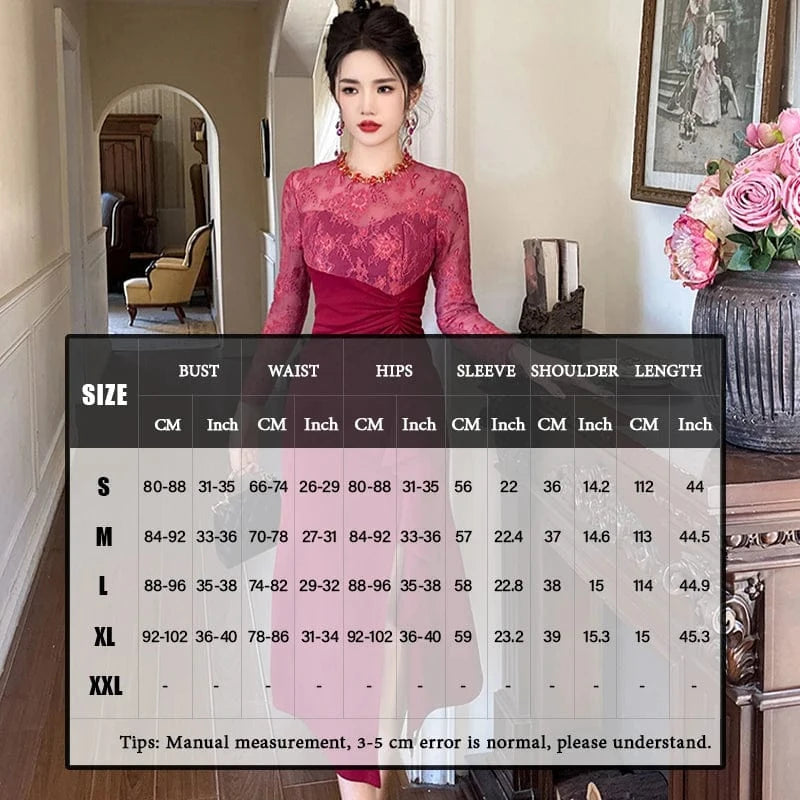 ZYHT 50606 2024 Spring Round Neck Colored Rhinestone Fit and Flare Dress Women's Lace Ruffled High Slit Dress