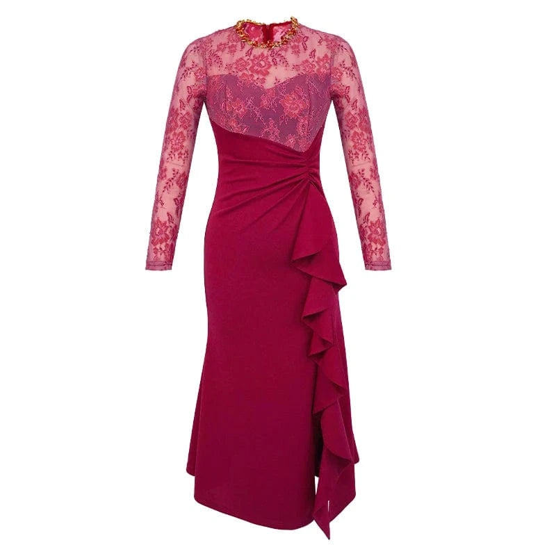 ZYHT 50606 2024 Spring Round Neck Colored Rhinestone Fit and Flare Dress Women's Lace Ruffled High Slit Dress