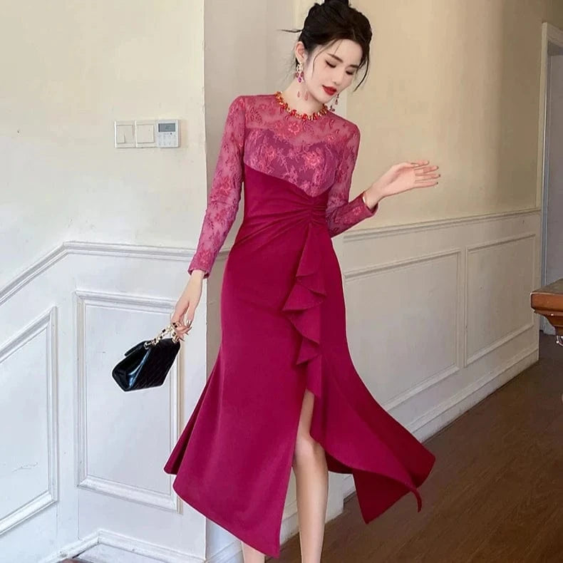 ZYHT 50606 2024 Spring Round Neck Colored Rhinestone Fit and Flare Dress Women's Lace Ruffled High Slit Dress