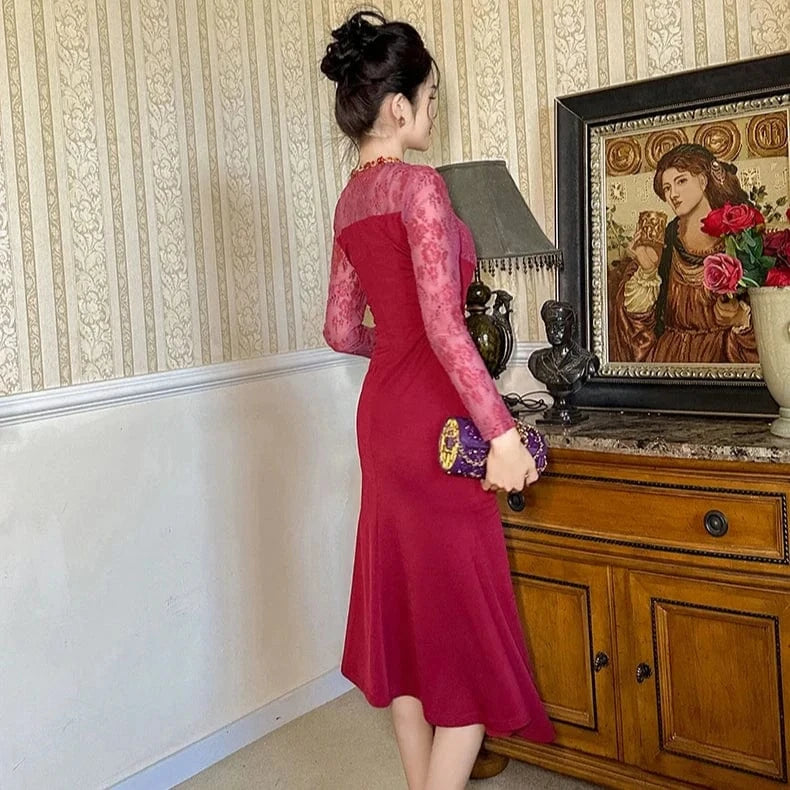 ZYHT 50606 2024 Spring Round Neck Colored Rhinestone Fit and Flare Dress Women's Lace Ruffled High Slit Dress