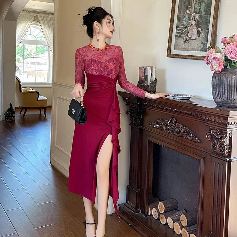 ZYHT 50606 2024 Spring Round Neck Colored Rhinestone Fit and Flare Dress Women's Lace Ruffled High Slit Dress