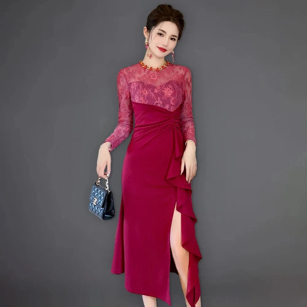 ZYHT 50606 2024 Spring Round Neck Colored Rhinestone Fit and Flare Dress Women's Lace Ruffled High Slit Dress