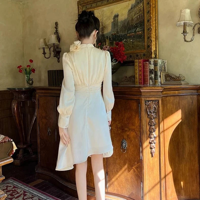 ZYHT 50615 2024 Spring 3D Rose Decor Lantern Sleeve Asymmetrical Dress Diamond Beading Short Satin Dresses