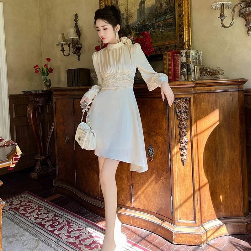 ZYHT 50615 2024 Spring 3D Rose Decor Lantern Sleeve Asymmetrical Dress Diamond Beading Short Satin Dresses