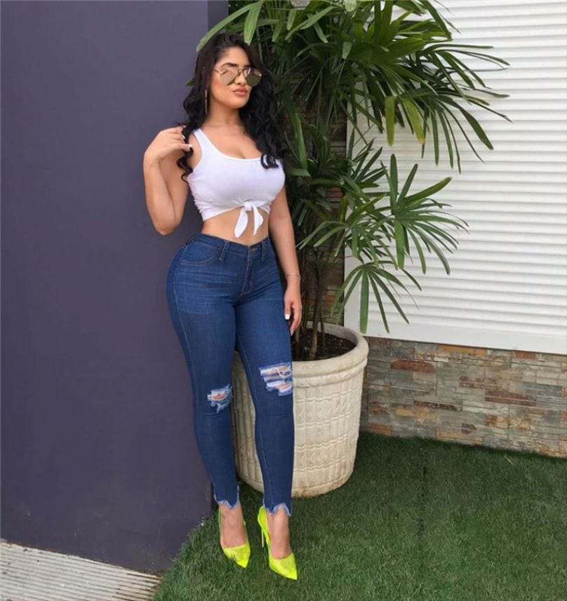 09927NA new stylish dark blue washed ripped hole street style autumn mid waist skinny pants jeans for women