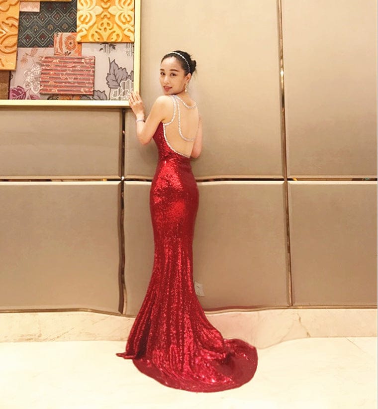 10 / 3 / Floor Length Simple design Sexy Fashion Solid Color V-neck Sequin Dress Female Sleeveless Party Evening Dress drop shipping fulfill