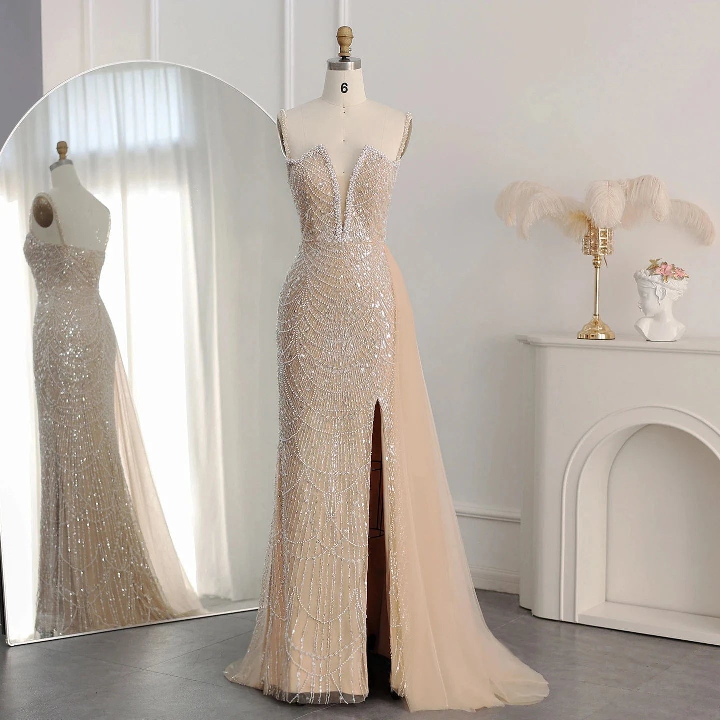 10 / 3 Luxury Nude Spaghetti Straps Mermaid Arabic Long Evening Dress with High Slit Overskirt for Wedding Party Gown SZ311