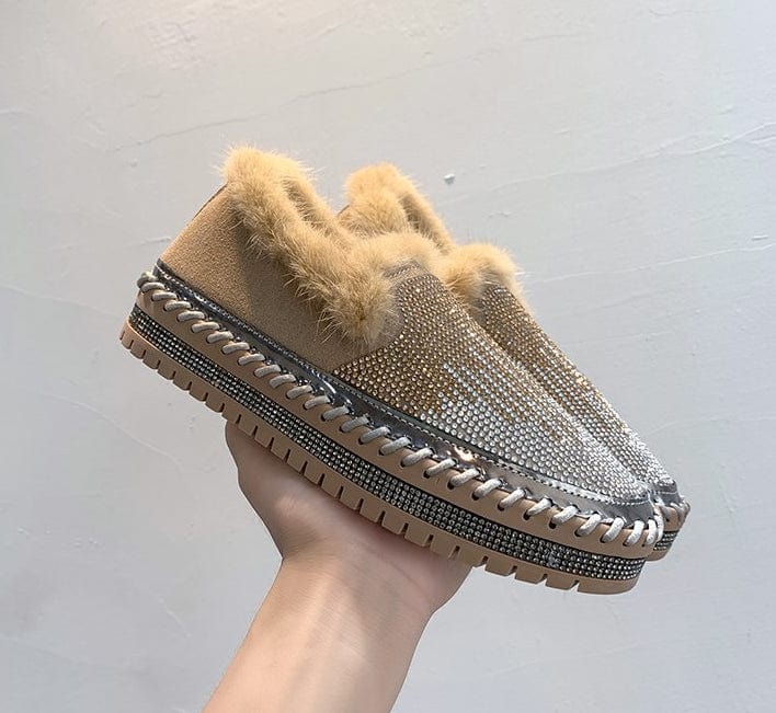 10.5 (EUR Size 43) / Brown Fashion Platform Espadrilles Shoes Rhinestone Women Leather Thick Bottom Women Flats Round Toe Women Casual Furry Slip On Shoe