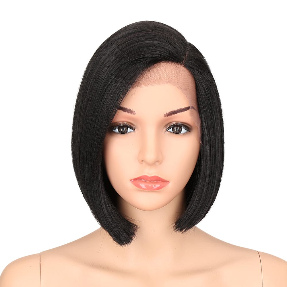10 Inches / 1B short bob wig sleek wholesale hot selling cheap heat resistant fiber bob straight lace part frontal synthetic hair wig for women