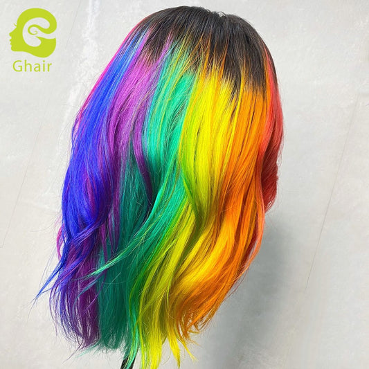 10 Inches / 4*4 rainbow transparent Lace wig 150% density Ghair Rainbow New Style Wig Short Straight Bob Colorful Brazilian Virgin Human Hair Lace front Wigs