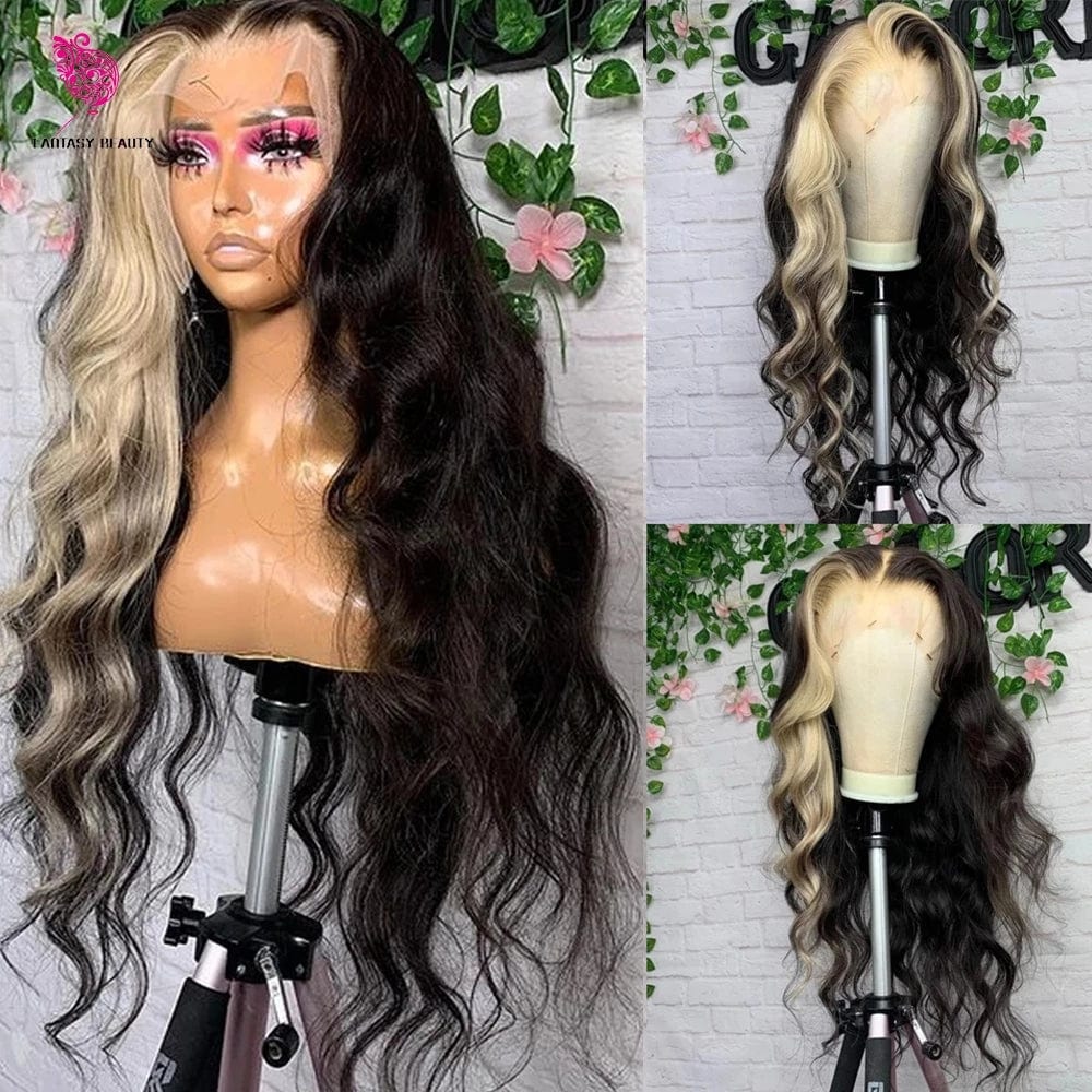 10 Inches / as pic color 250% density Ombre Body Wave Platinum Blonde Highlight Lace Front Human Hair Wigs Loose Deep Wave 613 Colored 13X4 HD Lace Frontal Wig