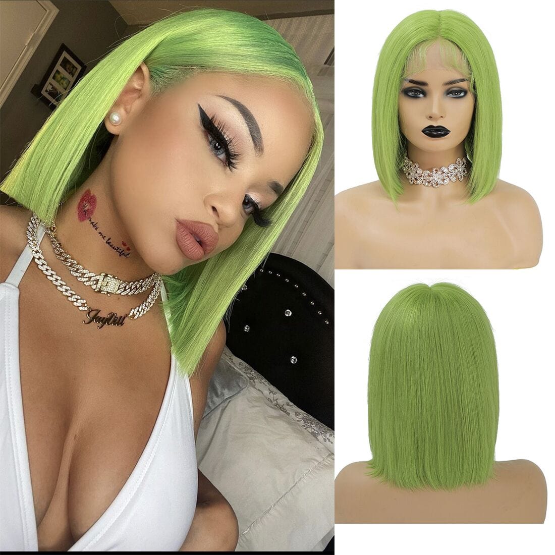 10 Inches / Green# YBR Wholesale Brazilian Hair Virgin Human Hair T Part Lace Front Wigs 13x1x4 Swiss Lace Short Gray Bob Wig Silky Straight Wigs